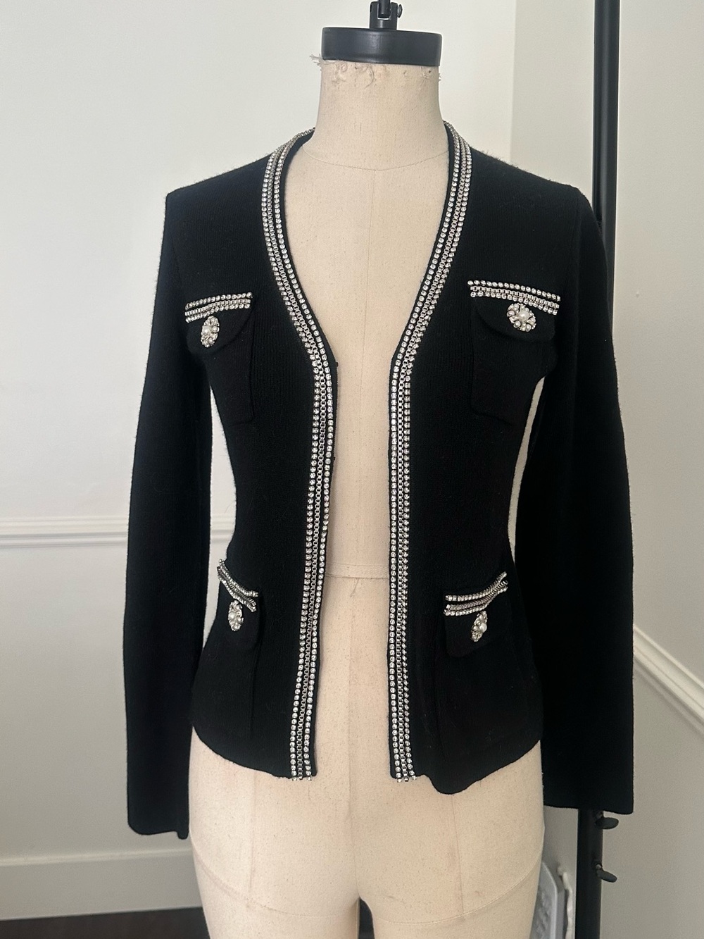 Sofia Cashmere Black Rhinestone-Trim Knit Cardigan